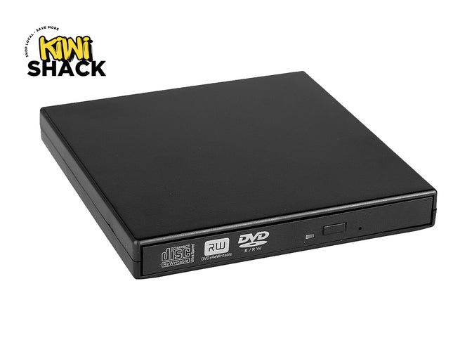 Black external DVD drive with 'Kiwi Shack' logo on a white background