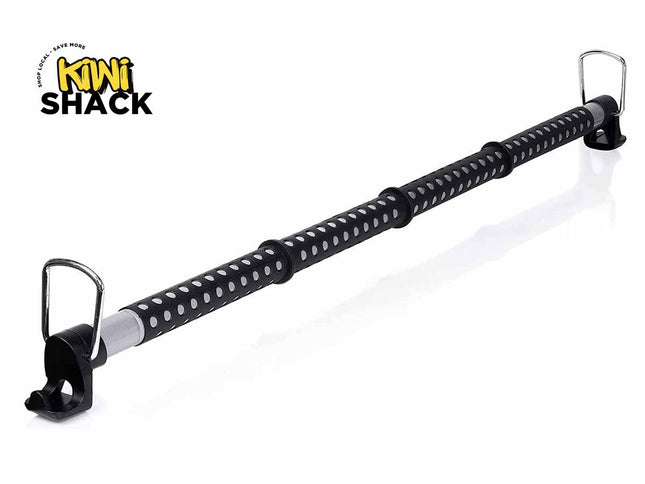 Extendable car roof grab bar / vehicle assist handle with a perforated black padded grip, silver telescopic metal rod, metal loop handles at both ends, rubber/plastic anchor feet, and Kiwi Shack logo watermark.