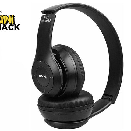 Black wireless headphones with 'Kiwi Shack' logo on a white background
