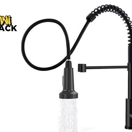 A black kitchen faucet with a flexible coiled hose, side-mounted spray arm, and waterfall-style spray nozzle, shown on a white background with the Kiwi Shack logo in the top left.