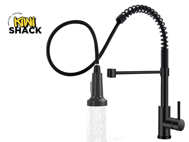 A black kitchen faucet with a flexible coiled hose, side-mounted spray arm, and waterfall-style spray nozzle, shown on a white background with the Kiwi Shack logo in the top left.