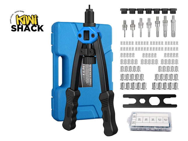 Bolt cutter set with blue case and multiple attachments on a white background, featuring the Kiwi Shack brand.