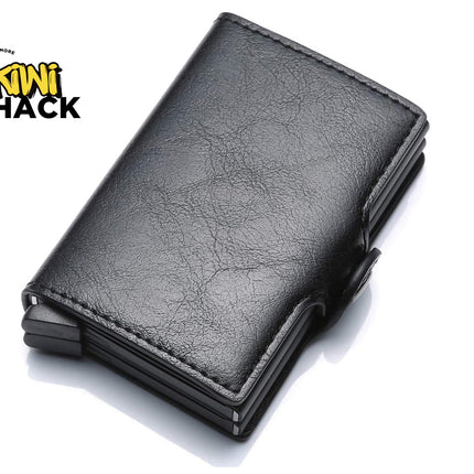 Black leather wallet on a white background with Kiwi Shack logo.