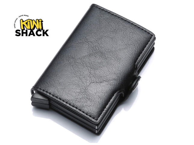 Black leather wallet on a white background with Kiwi Shack logo.