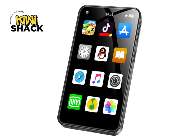 Smartphone with app icons on a white background, featuring the Kiwi Shack logo.