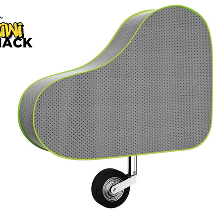 Gray bicycle seat with green rim on a white background, featuring the Kiwi Shack logo.