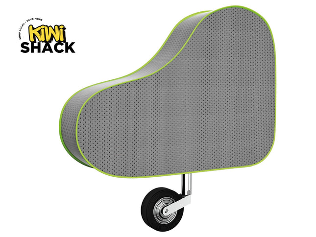 Gray bicycle seat with green rim on a white background, featuring the Kiwi Shack logo.