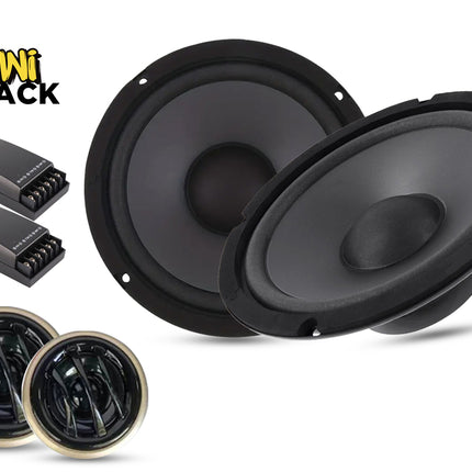 A set of black Kiwi Shack car speakers, including two large 6x9 inch speakers, two smaller 4x4 inch speakers, and two black electronic amplifier modules, displayed on a clean white background with the Kiwi Shack logo in the top left corner.
