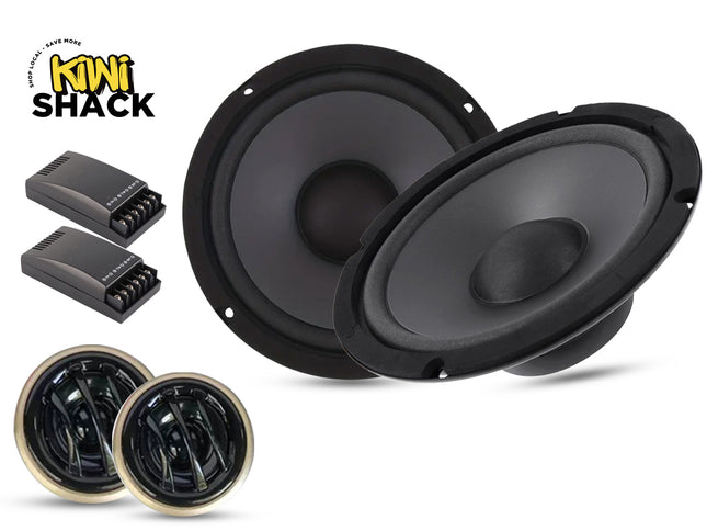 A set of black Kiwi Shack car speakers, including two large 6x9 inch speakers, two smaller 4x4 inch speakers, and two black electronic amplifier modules, displayed on a clean white background with the Kiwi Shack logo in the top left corner.