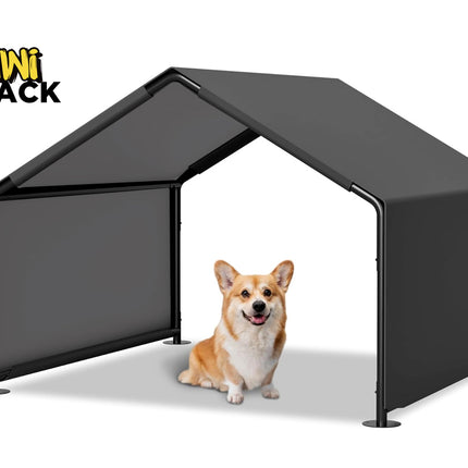 Dog standing inside a black doghouse with 'Kiwi Shack' branding on a white background