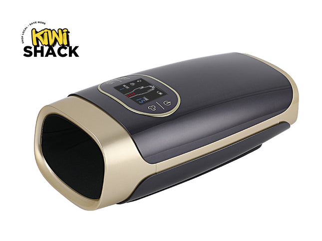 Black and gold electronic device with digital display on a white background, featuring the Kiwi Shack logo.