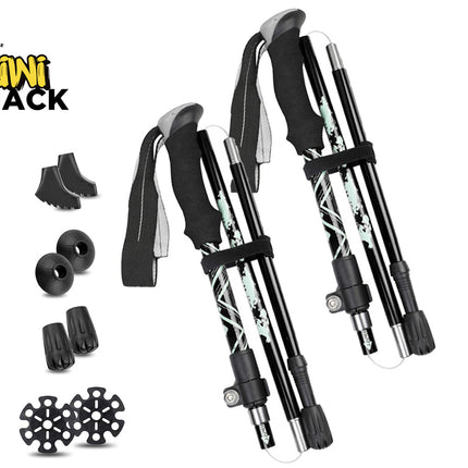Black and silver adjustable hiking poles with attachments on a white background, featuring Kini Shack logo.