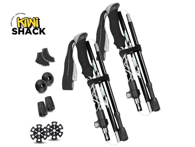 Black and silver adjustable hiking poles with attachments on a white background, featuring Kini Shack logo.
