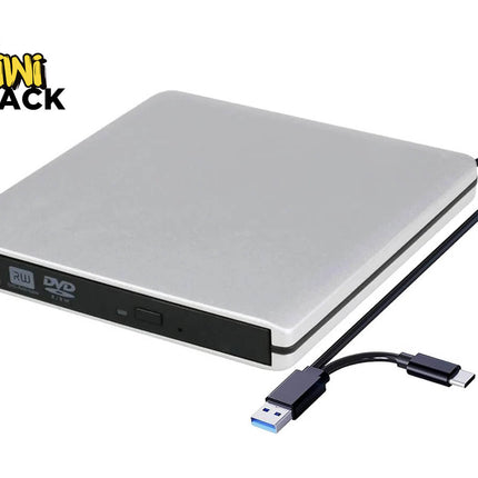 External silver slim portable USB DVD/CD burner and reader drive with attached USB-A and USB-C dual cable, featuring Kiwi Shack logo in top left.