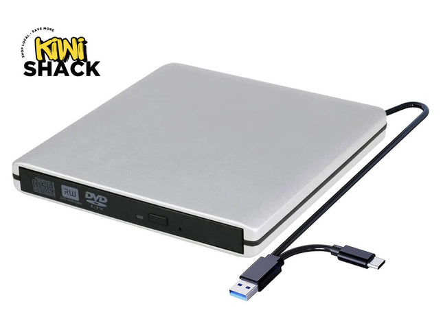 External silver slim portable USB DVD/CD burner and reader drive with attached USB-A and USB-C dual cable, featuring Kiwi Shack logo in top left.
