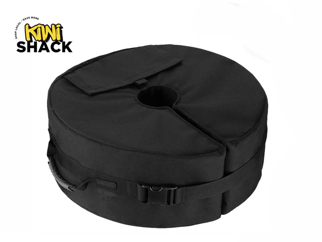 Kiwi Shack detachable round patio umbrella weight bag, weather-resistant cantilever base weight with carry handles.