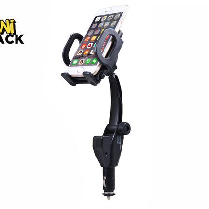 A black car charger and phone mount featuring a 12V cigarette lighter plug adapter, an adjustable neck, and a secure bracket holding a smartphone with app icons on the screen, set against a plain background with the "Kiwi Shack" logo in the top left corner.