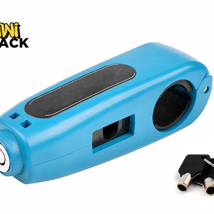 A bright blue motorcycle handlebar grip lock closed with a built-in key cylinder at one end, alongside two small tubular keys placed nearby on the right, featuring a "Kiwi Shack" logo in the top left corner.