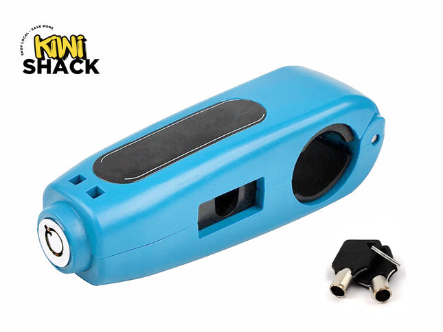 A bright blue motorcycle handlebar grip lock closed with a built-in key cylinder at one end, alongside two small tubular keys placed nearby on the right, featuring a "Kiwi Shack" logo in the top left corner.