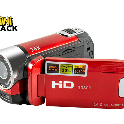 A red and black 16X HD 1080P digital video camera shown from two angles on a white background, with a 'Kini Shack' logo in the top-left corner.