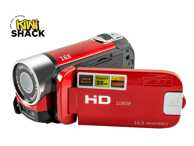 A red and black 16X HD 1080P digital video camera shown from two angles on a white background, with a 'Kini Shack' logo in the top-left corner.