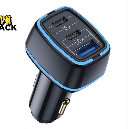 A black fast-charging car adapter with blue trim, featuring two USB-C ports (65W) and one USB-A port (60W), set against a white background. A "Kiwi Shack" logo appears in the top-left corner.