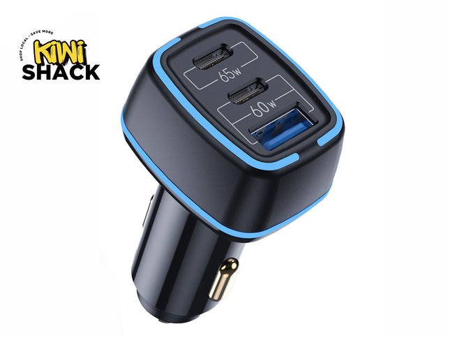 A black fast-charging car adapter with blue trim, featuring two USB-C ports (65W) and one USB-A port (60W), set against a white background. A "Kiwi Shack" logo appears in the top-left corner.