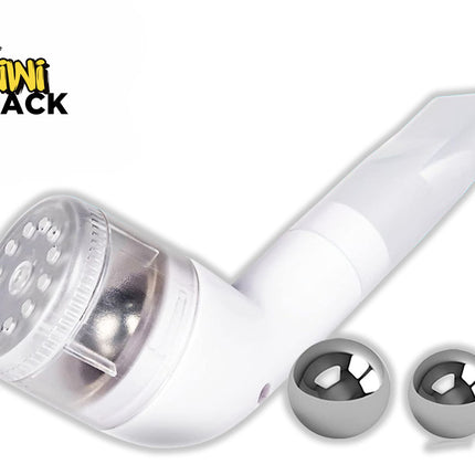 A white handheld pipe-style smoking device with a clear bowl cover and two polished steel metal balls resting next to it, set against a white background. A "Kiwi Shack" logo appears in the top-left corner.