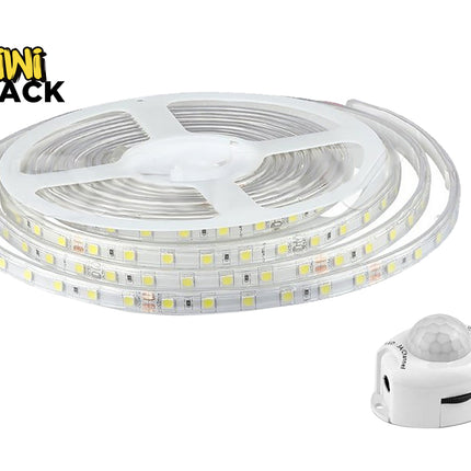 LED strip light with motion sensor on a white background, branded as Kiwi Shack.