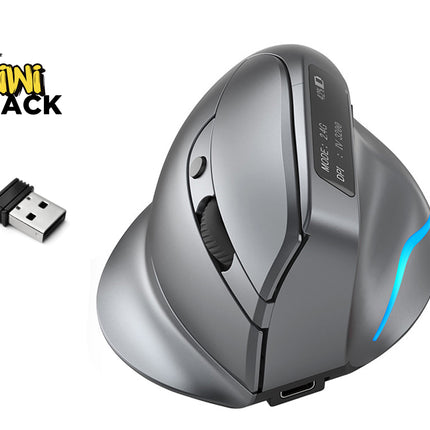 Gray ergonomic mouse with USB receiver on a white background, featuring Kiwi Shack logo.