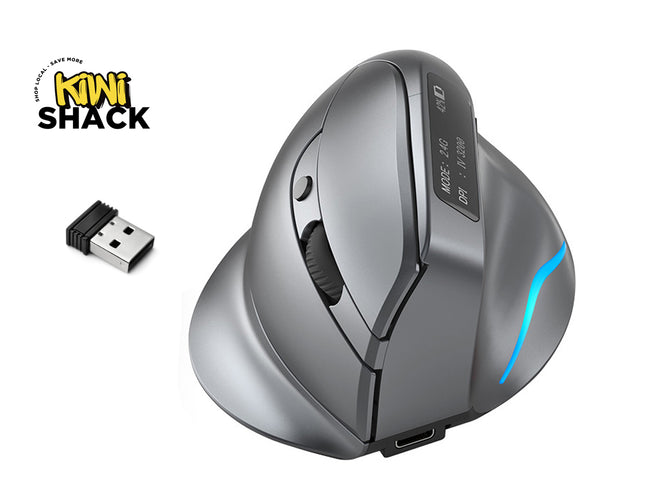 Gray ergonomic mouse with USB receiver on a white background, featuring Kiwi Shack logo.