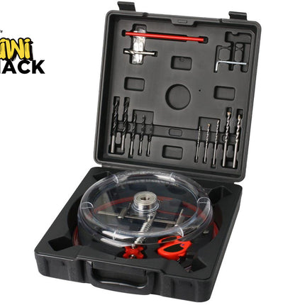 Tool kit with various components in a black case, branded 'Kiwi Shack'.