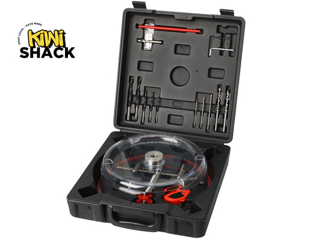 Tool kit with various components in a black case, branded 'Kiwi Shack'.