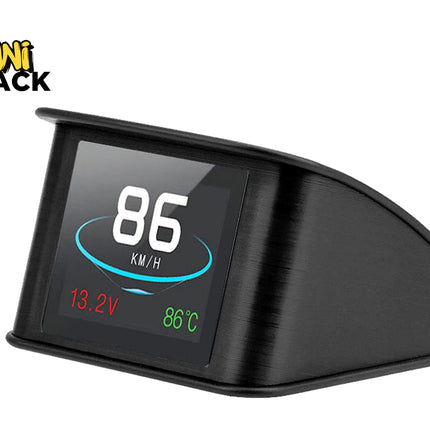 A black automotive dashboard display screen showing speed, battery voltage, and temperature, with the Kiwi Shack logo in the top-left corner.