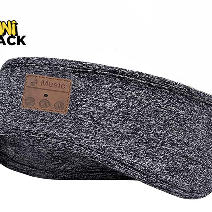 A dark gray heathered wireless running headband with a brown faux-leather patch labeled 'Music' on the side, shown on a white background with the Kiwi Shack logo in the top-left corner.