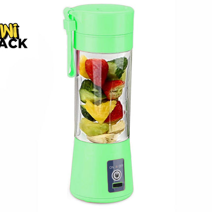 A mint green portable mini blender with a clear cup filled with sliced fruits, shown on a white background with the Kiwi Shack logo in the top-left corner.