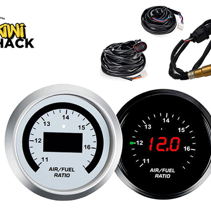 Two air/fuel ratio gauges with wiring harnesses on a white background, featuring the Kiwi Shack brand.