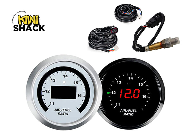 Two air/fuel ratio gauges with wiring harnesses on a white background, featuring the Kiwi Shack brand.