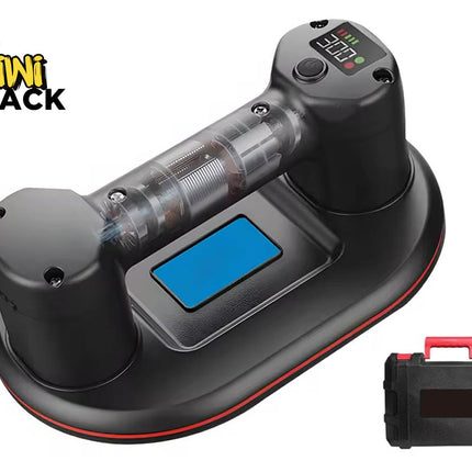 A black Kiwi Shack handheld vacuum cleaner with a transparent cylindrical tube, blue control screen, and red trim, shown alongside its black carrying case on a white background.