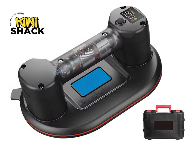 A black Kiwi Shack handheld vacuum cleaner with a transparent cylindrical tube, blue control screen, and red trim, shown alongside its black carrying case on a white background.