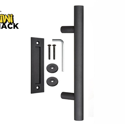Black door handle set with installation hardware on a white background, featuring the Kiwi Shack brand.