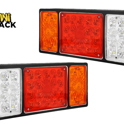 A pair of rectangular LED trailer tail lights with black housings against a white background, featuring amber, red, and white indicator/brake sections, with the "Kiwi Shack" logo in the upper left corner.