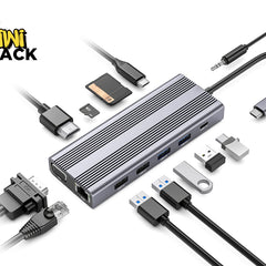 A silver aluminum USB-C hub with multiple ports and several attached and displayed accessories including cables, a USB drive, a SD card, and a keychain tool, on a white background with the Kiwi Shack logo.