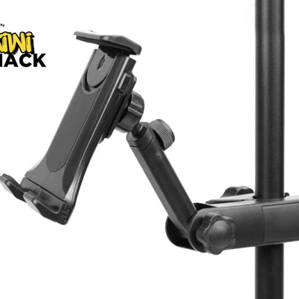 Black adjustable phone holder on a white background with 'Kiwi Shack' branding.