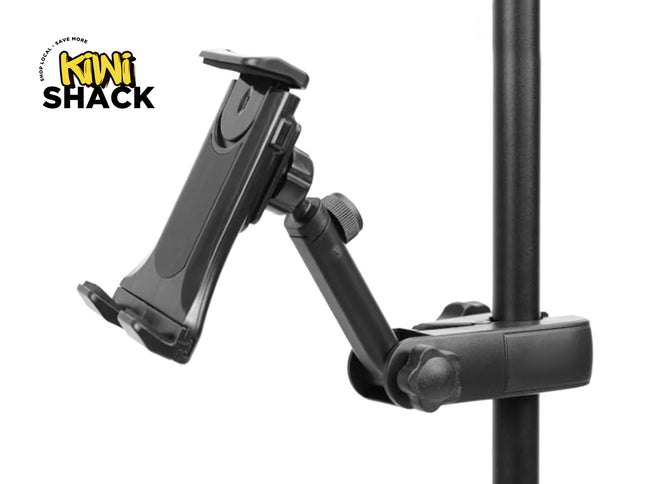 Black adjustable phone holder on a white background with 'Kiwi Shack' branding.