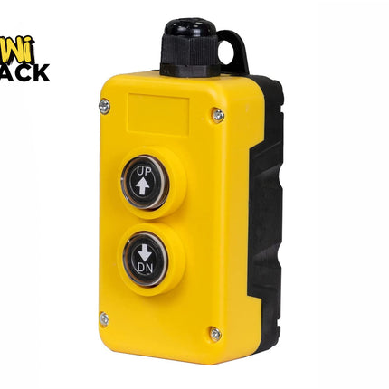 Kiwi Shack yellow hoist push button station with up and down directional arrows.