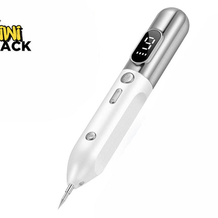 A white and silver electric engraving pen with control buttons, a digital LED status display, and a fine pointed metal tip against a white background, featuring the "Kiwi Shack" logo in the upper left corner.