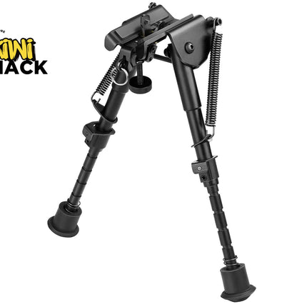 Black adjustable bipod with Kiwi Shack logo on a white background