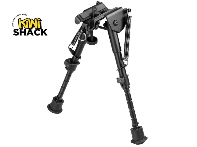 Black adjustable bipod with Kiwi Shack logo on a white background