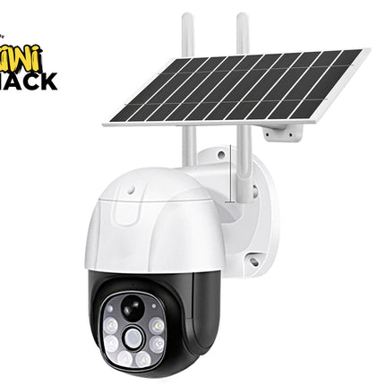 Solar-powered security camera with a solar panel on a white background, featuring the Kiwi Shack brand.